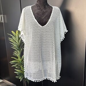 Ana & Rose Crocheted mid length swim coverup, Pom Pom edge detail,see thru OS